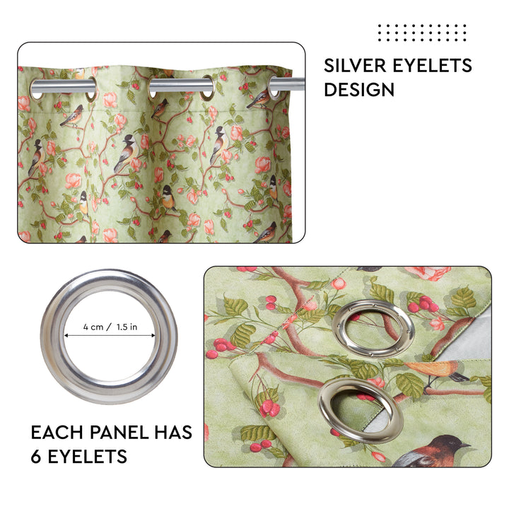Blackout Polyester Sage Green Birds Curtain (Pack of 2)