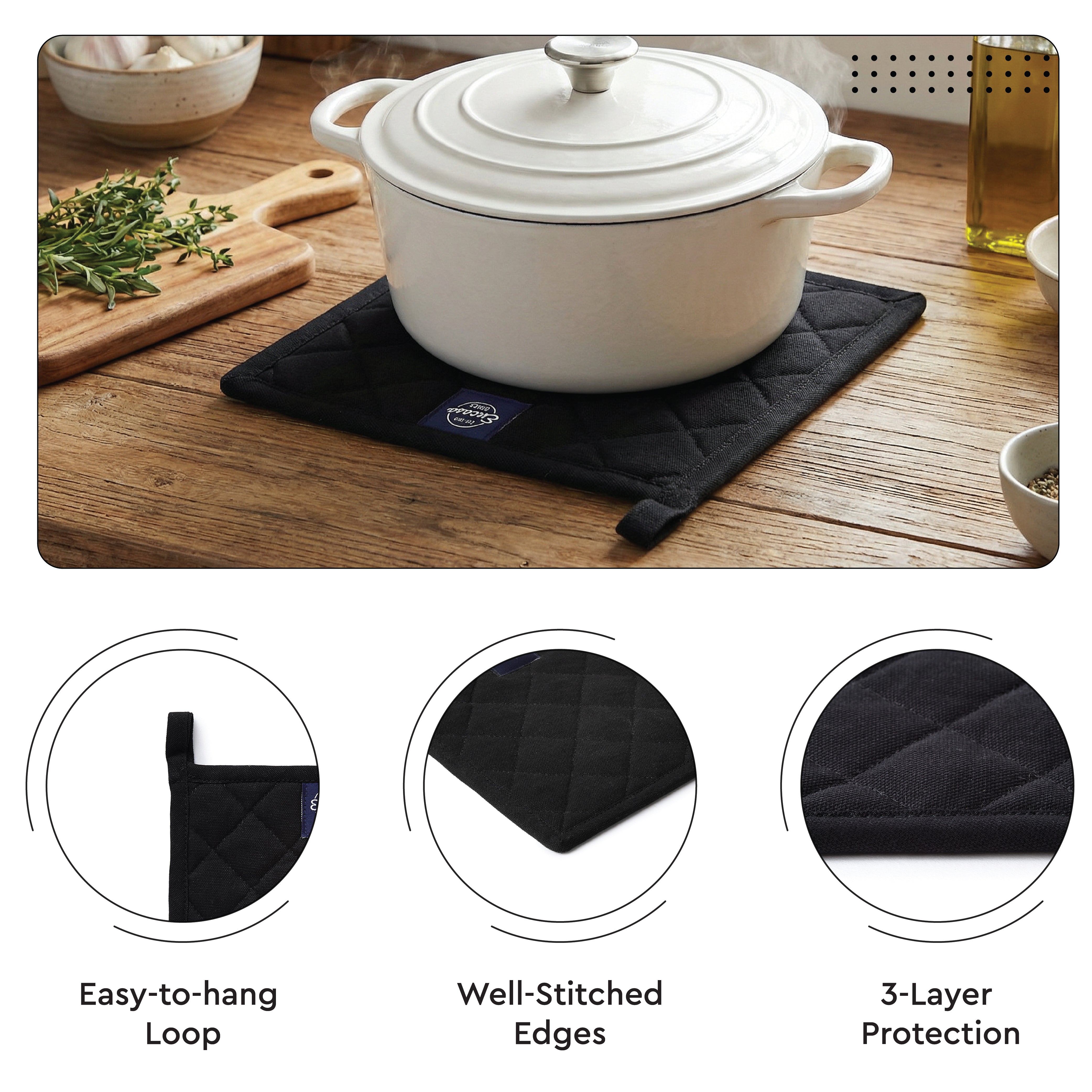 Cotton Full Black Apron + Oven Glove + Pot Holder (Pack of 3)