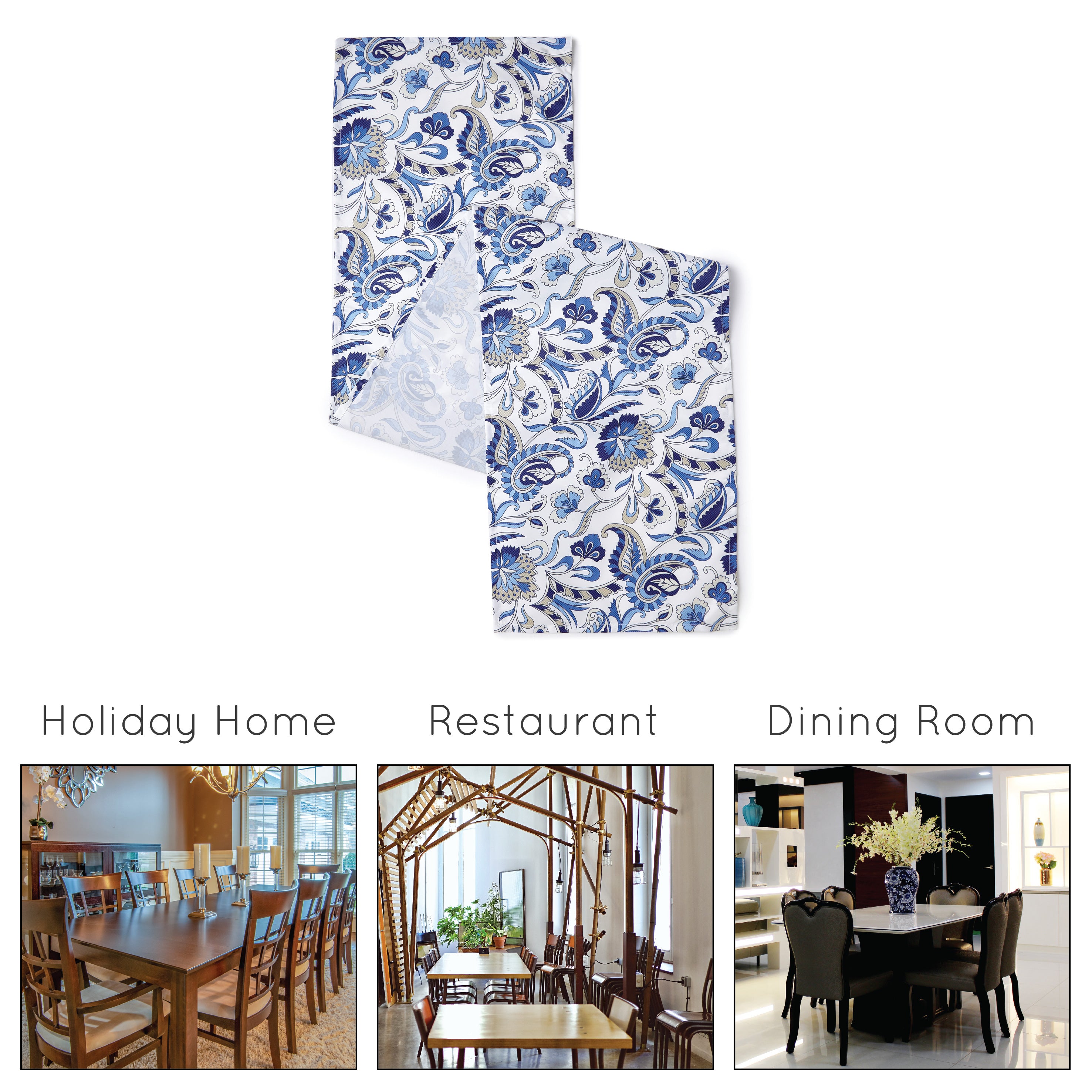 Water Repellent Polyester Chintz Blue Table Runner