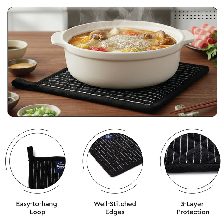 Cotton Butcher Stripes Black Apron + Oven Glove + Pot Holder (Pack of 3)