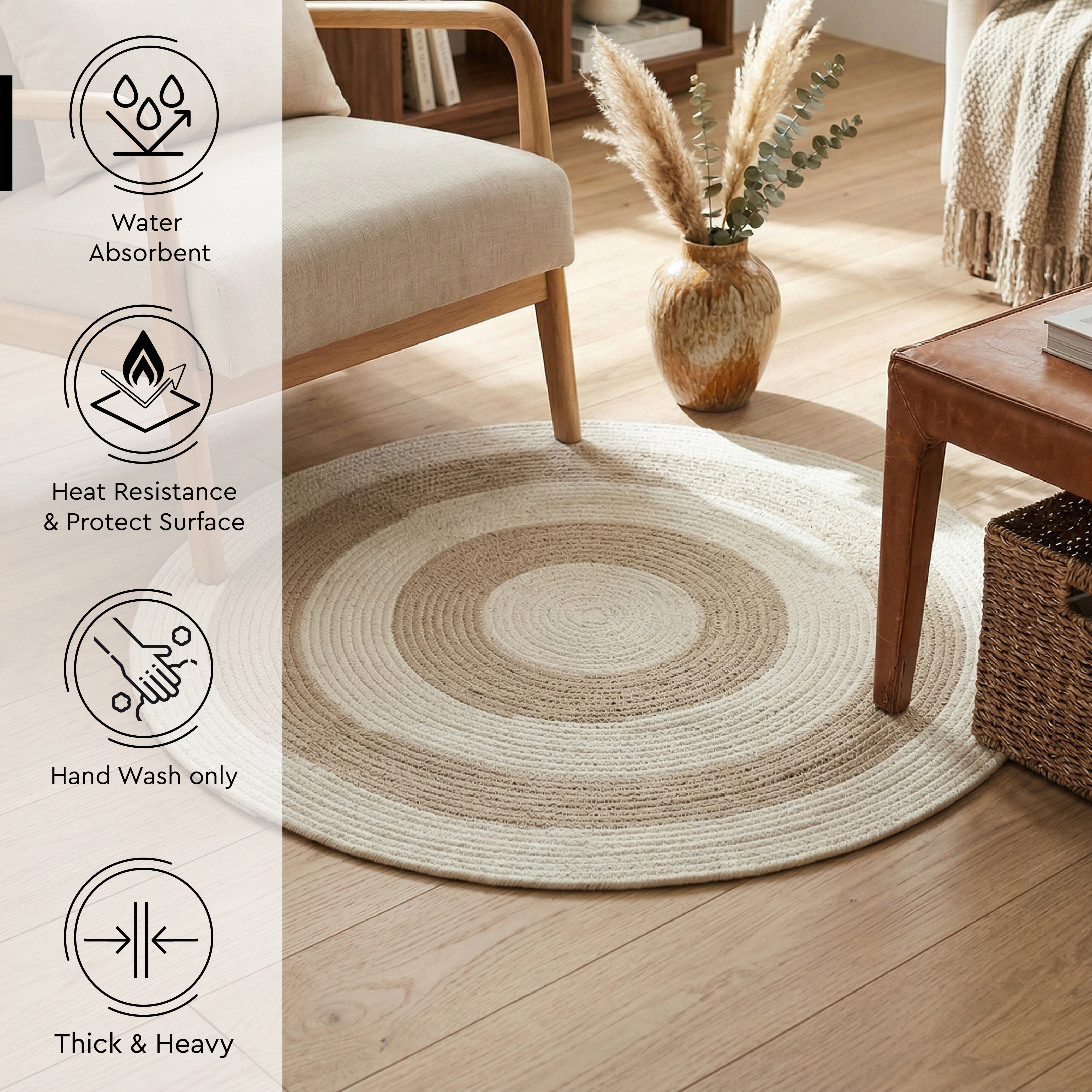 Reversible Round Rug Handwoven Natural Fiber Carpet Braided Area Rug | Neutral Boho Rug for Living Room, Bedroom, Nursery | Washable Area Rug Two Tone