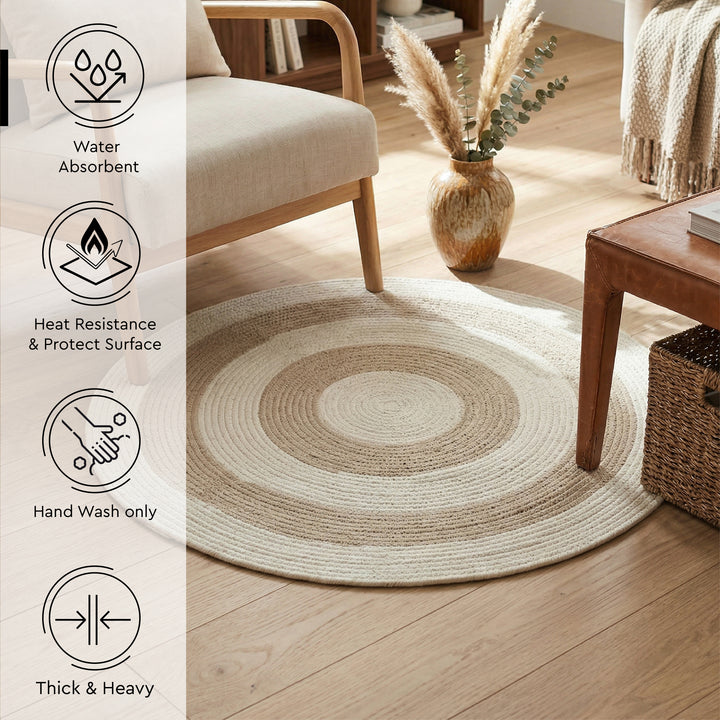 Reversible Round Rug Handwoven Natural Fiber Carpet Braided Area Rug | Neutral Boho Rug for Living Room, Bedroom, Nursery | Washable Area Rug Two Tone