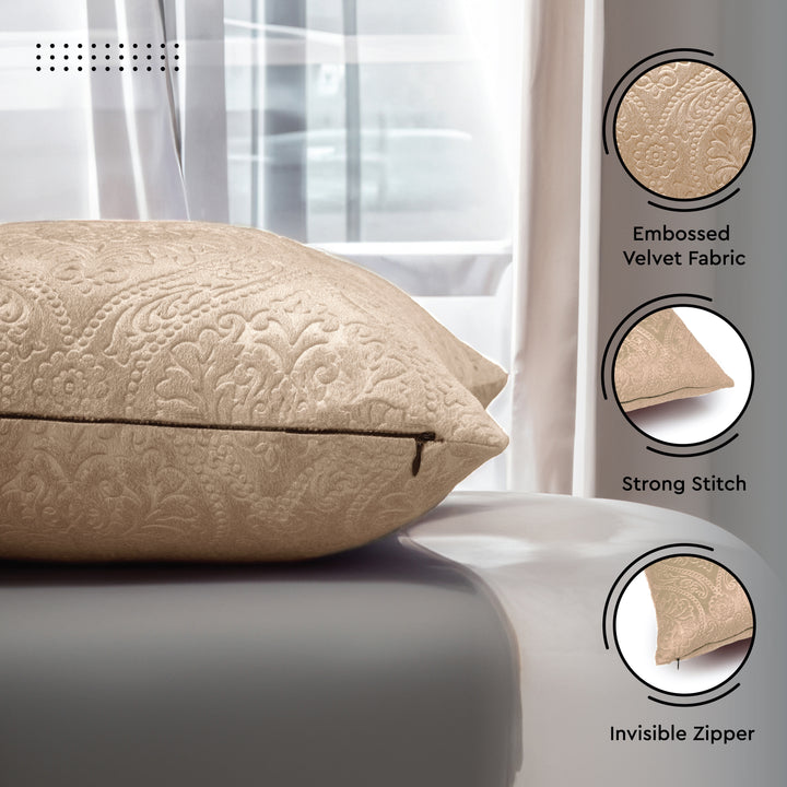 Embossed Velvet Beige Cushion Cover (Pack of 2)