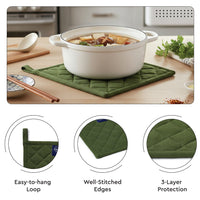 Cotton Leaf Green Apron + Oven Glove + Pot Holder (Pack of 3)