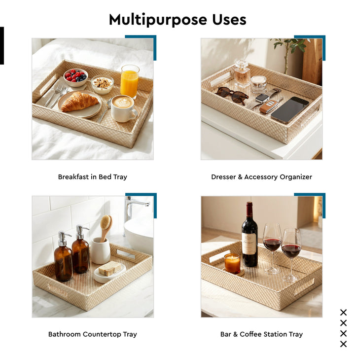 Leather Light Gold Leather Serving Tray Combo