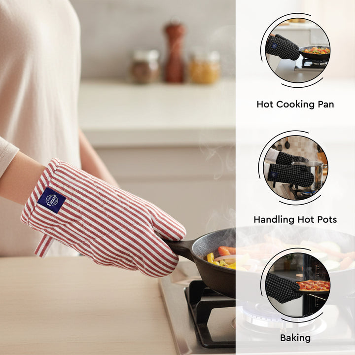 Cotton Ticking Red Apron + Oven Glove + Pot Holder (Pack of 3)