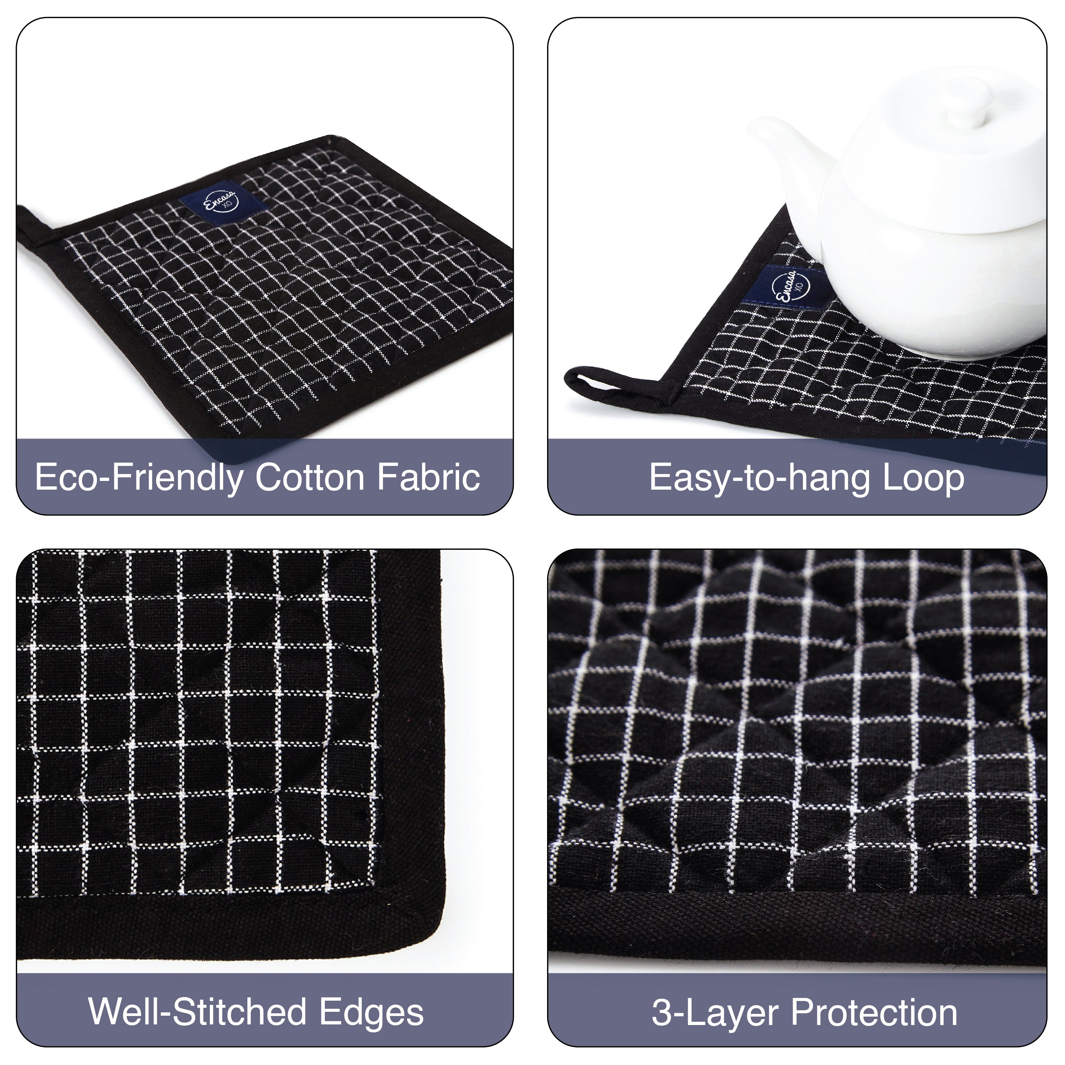 Cotton Butcher Checks Black Pot Holders (Pack of 2)