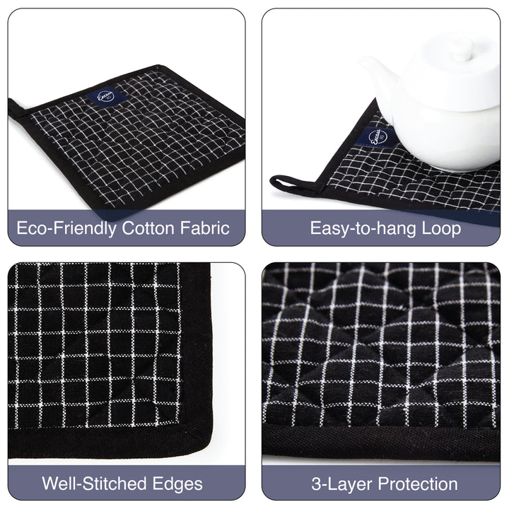 Cotton Butcher Checks Black Pot Holders (Pack of 2)