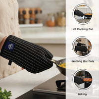 Cotton Butcher Stripes Black Apron + Oven Glove + Pot Holder (Pack of 3)