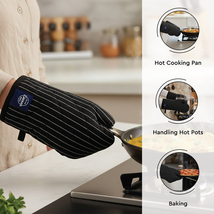 Cotton Butcher Stripes Black Apron + Oven Glove + Pot Holder (Pack of 3)