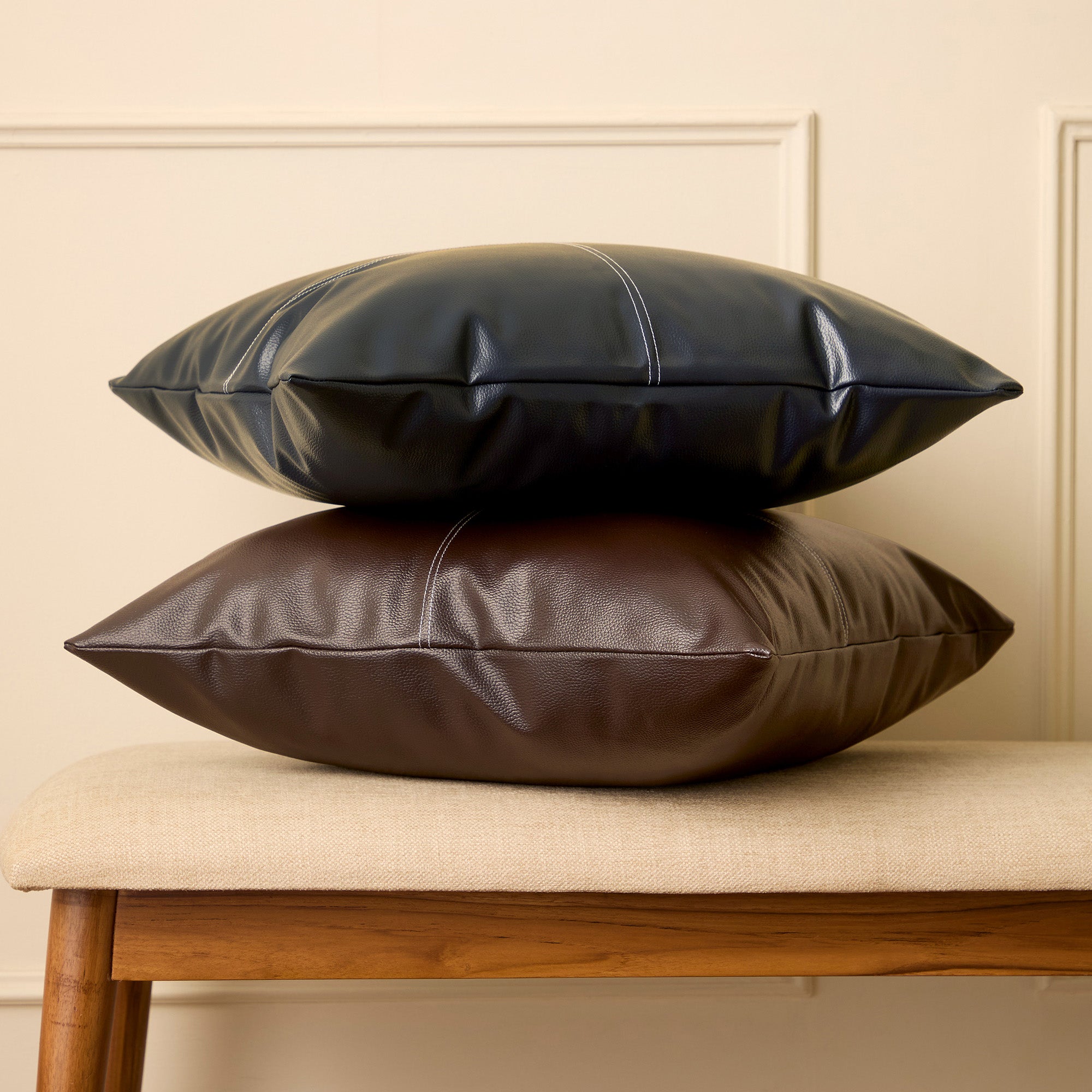 PVC Leather Dark Brown Stitch Cushion Cover (Pack of 1)