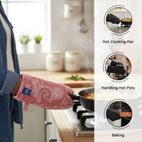 Cotton Floral Red Apron + Oven Glove + Pot Holder (Pack of 3)