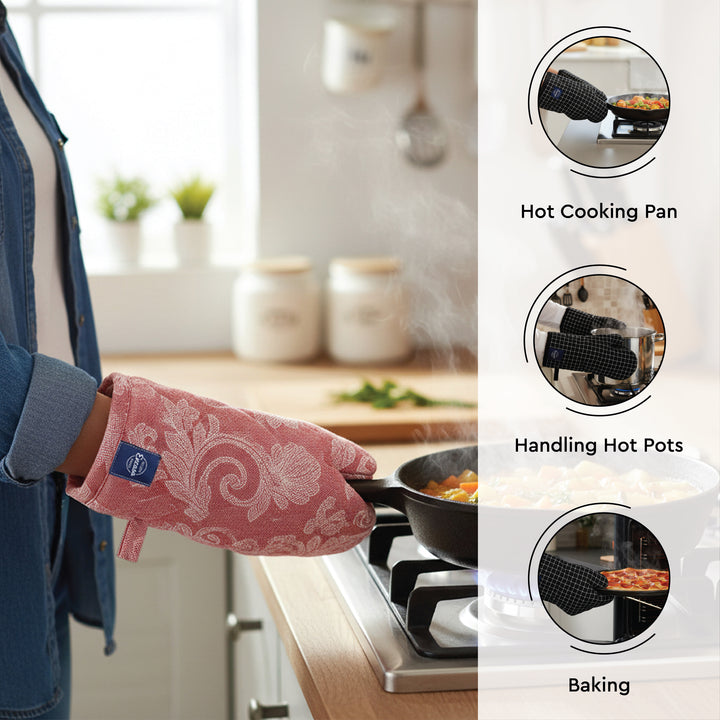 Cotton Floral Red Apron + Oven Glove + Pot Holder (Pack of 3)