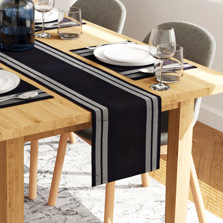 Cotton Ladder Black Table Runner+Placemat (Pack of 7)