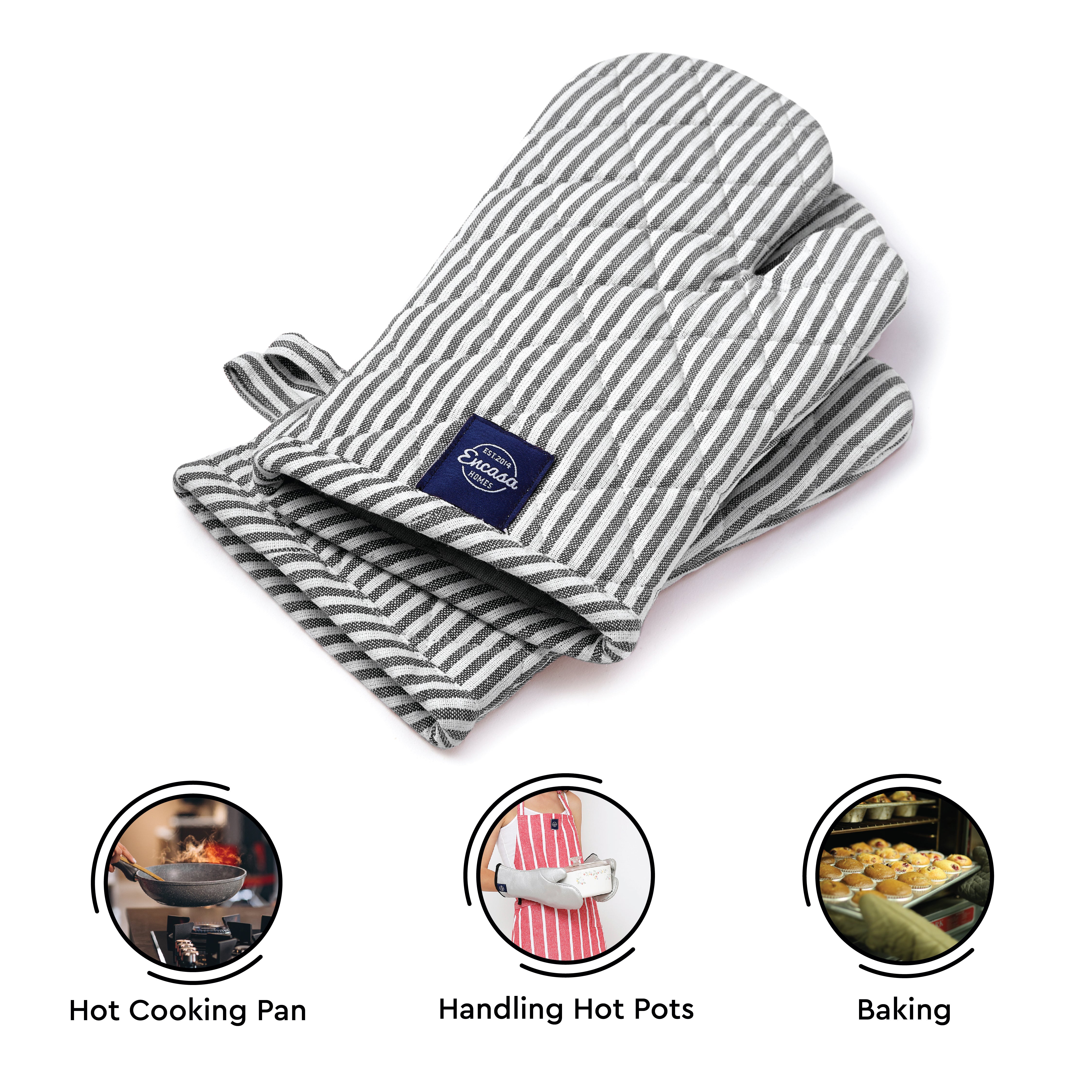 Cotton Canvas Ticking Black Oven Gloves (Pack of 2)