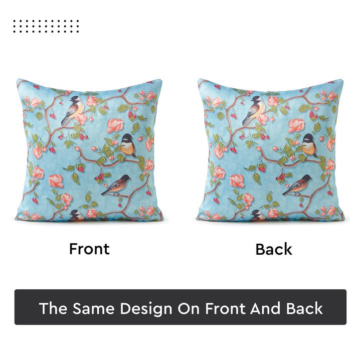 Blackout Polyester Sky Blue Birds Cushion Cover (Pack of 2)