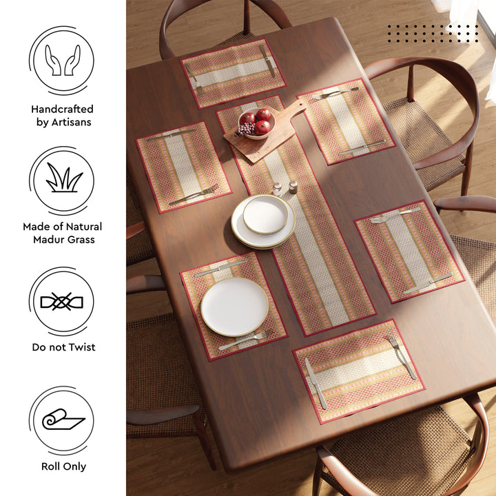 Madur Kathi Red Table Runner+Placemat (Pack of 7)