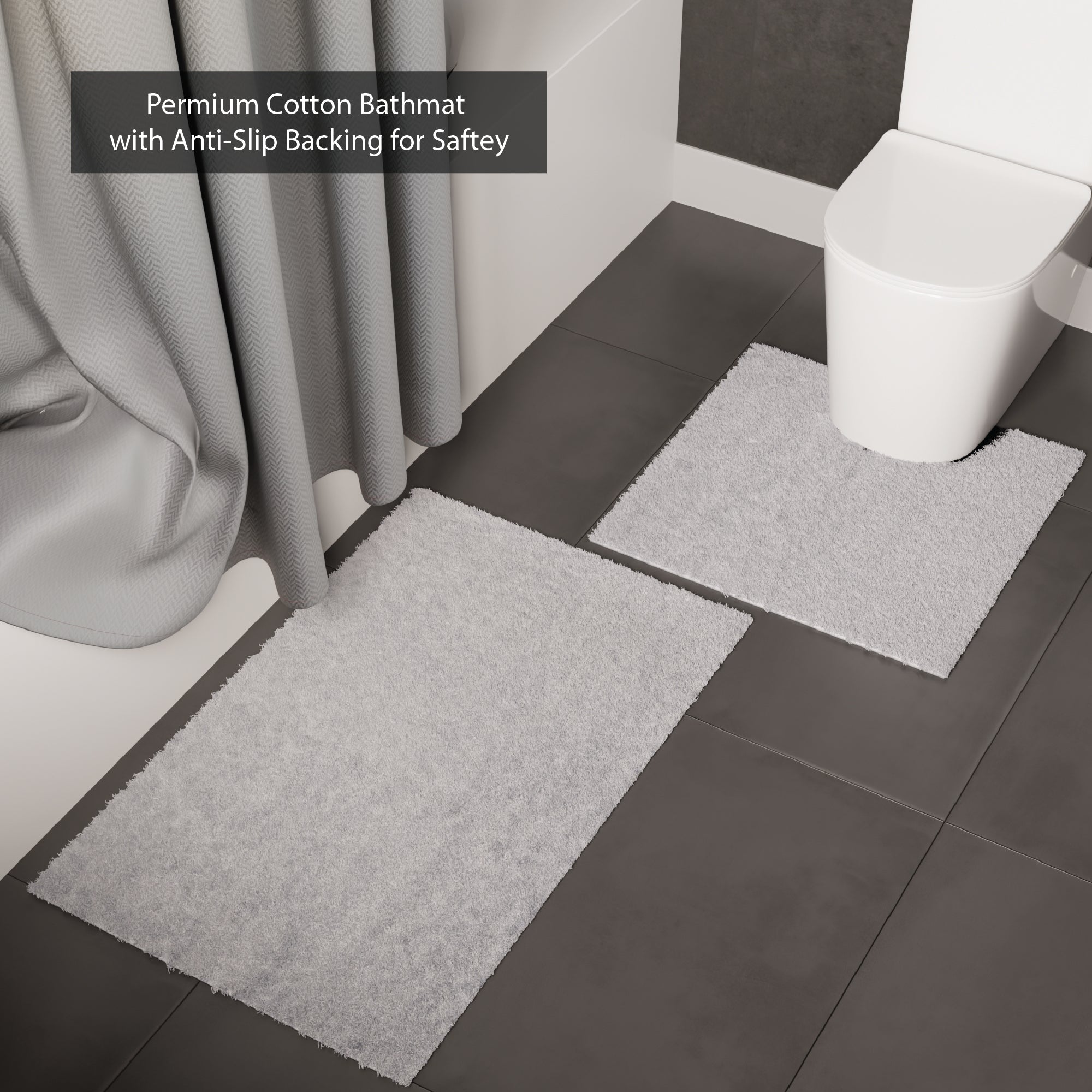Polyester ZZ Light Grey Combo Shower Curtain + Bathmat (Pack of 3)
