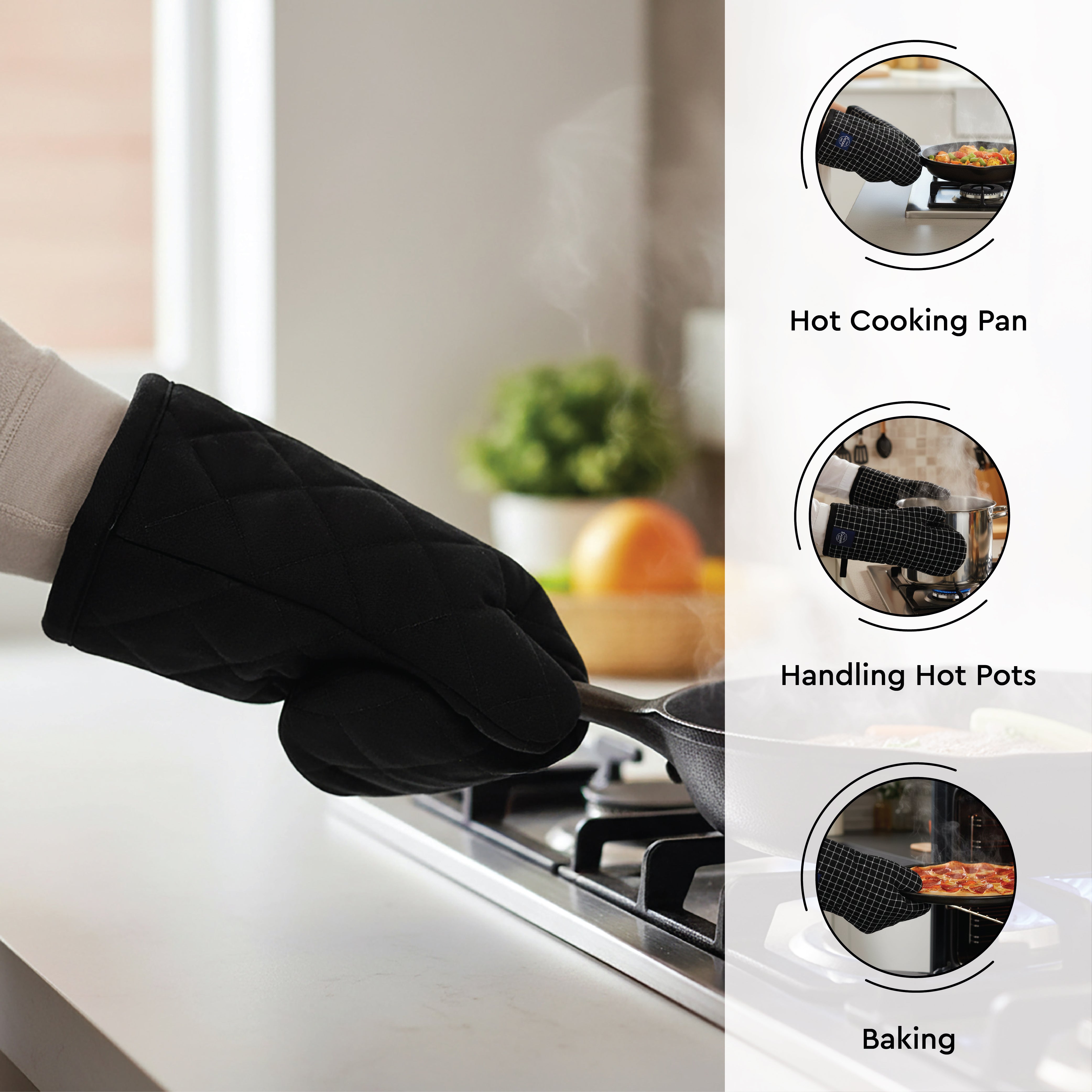 Cotton Full Black Apron + Oven Glove + Pot Holder (Pack of 3)