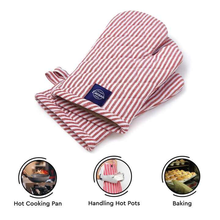 Cotton Ticking Red Oven Gloves (Pack of 2)
