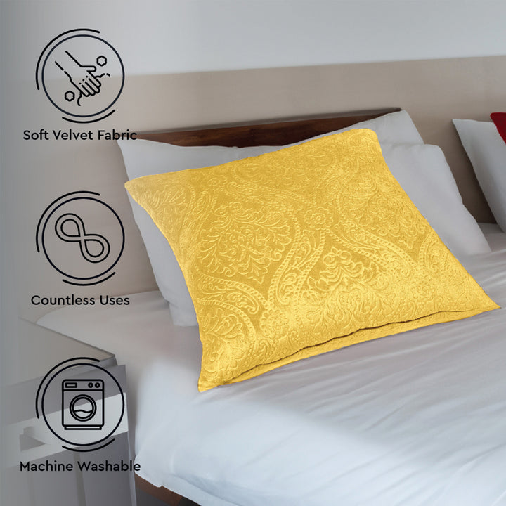 Embossed Velvet Lemon Yellow Cushion Cover (Pack of 2)