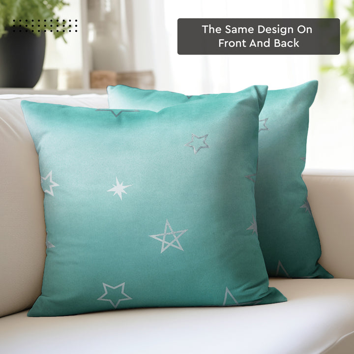 Polyester Blackout Star Teal Cushion Cover (Pack of 2)