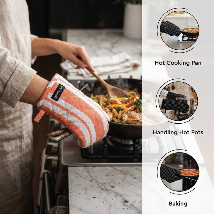 Cotton Franca Orange Stripes Apron + Oven Glove + Pot Holder (Pack of 3)