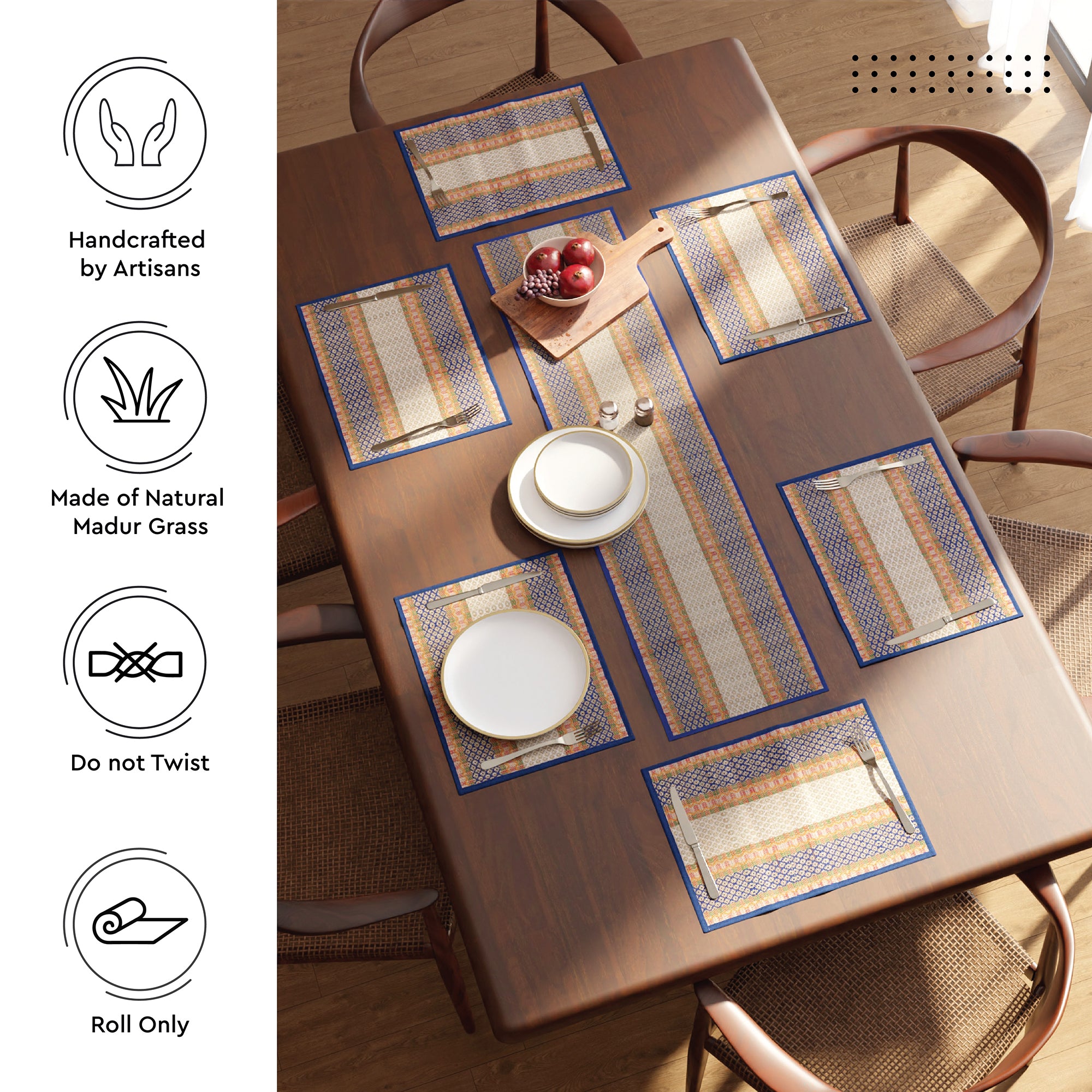 Madur Kathi Blue Table Runner+Placemat (Pack of 7)