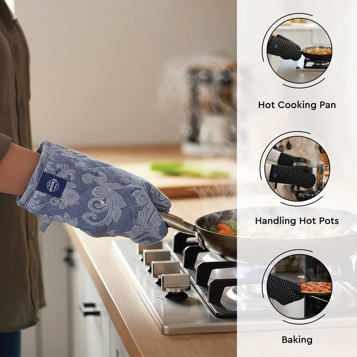 Cotton Floral Blue Apron + Oven Glove + Pot Holder (Pack of 3)