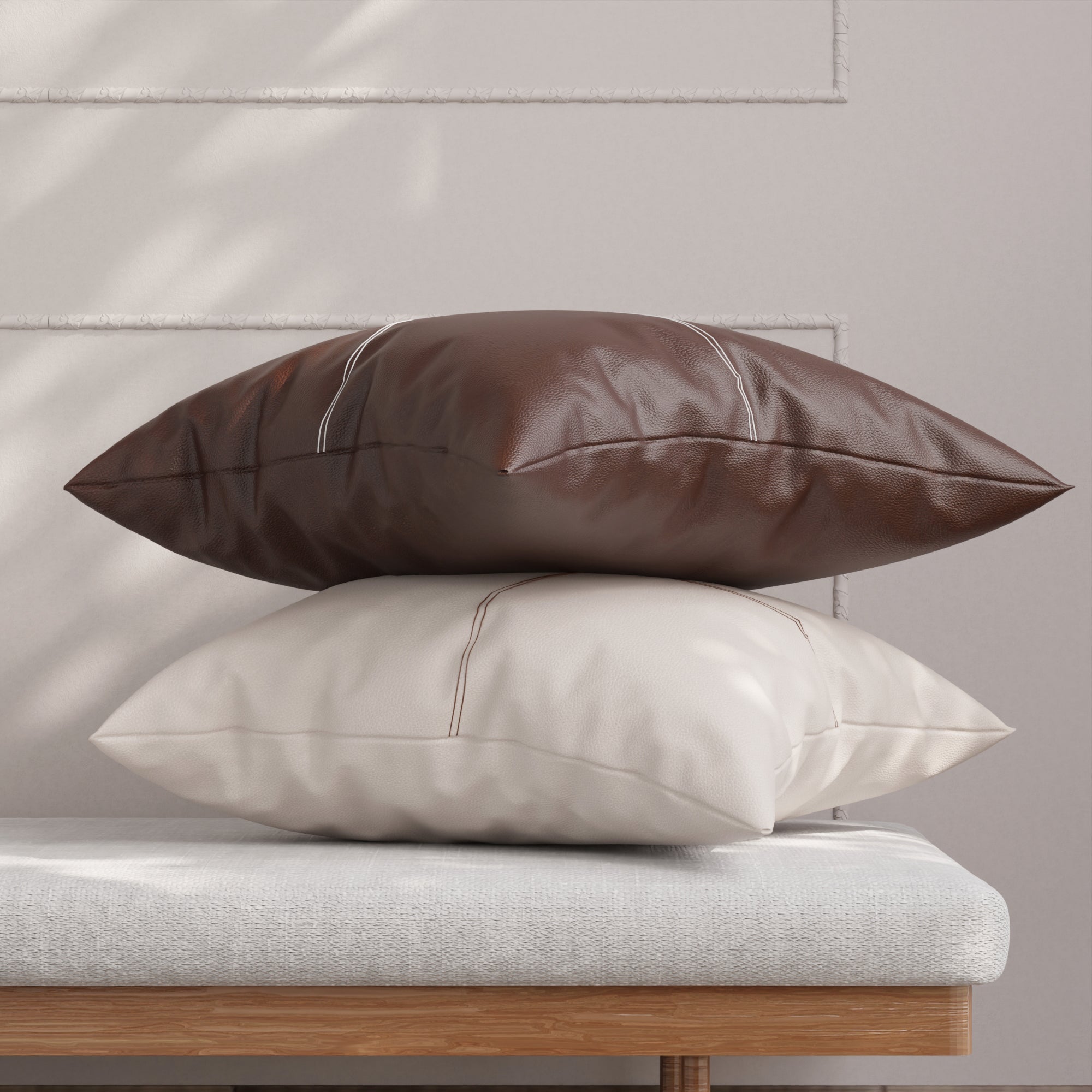 PVC Leather Cream Stitch Cushion Cover (Pack of 2)