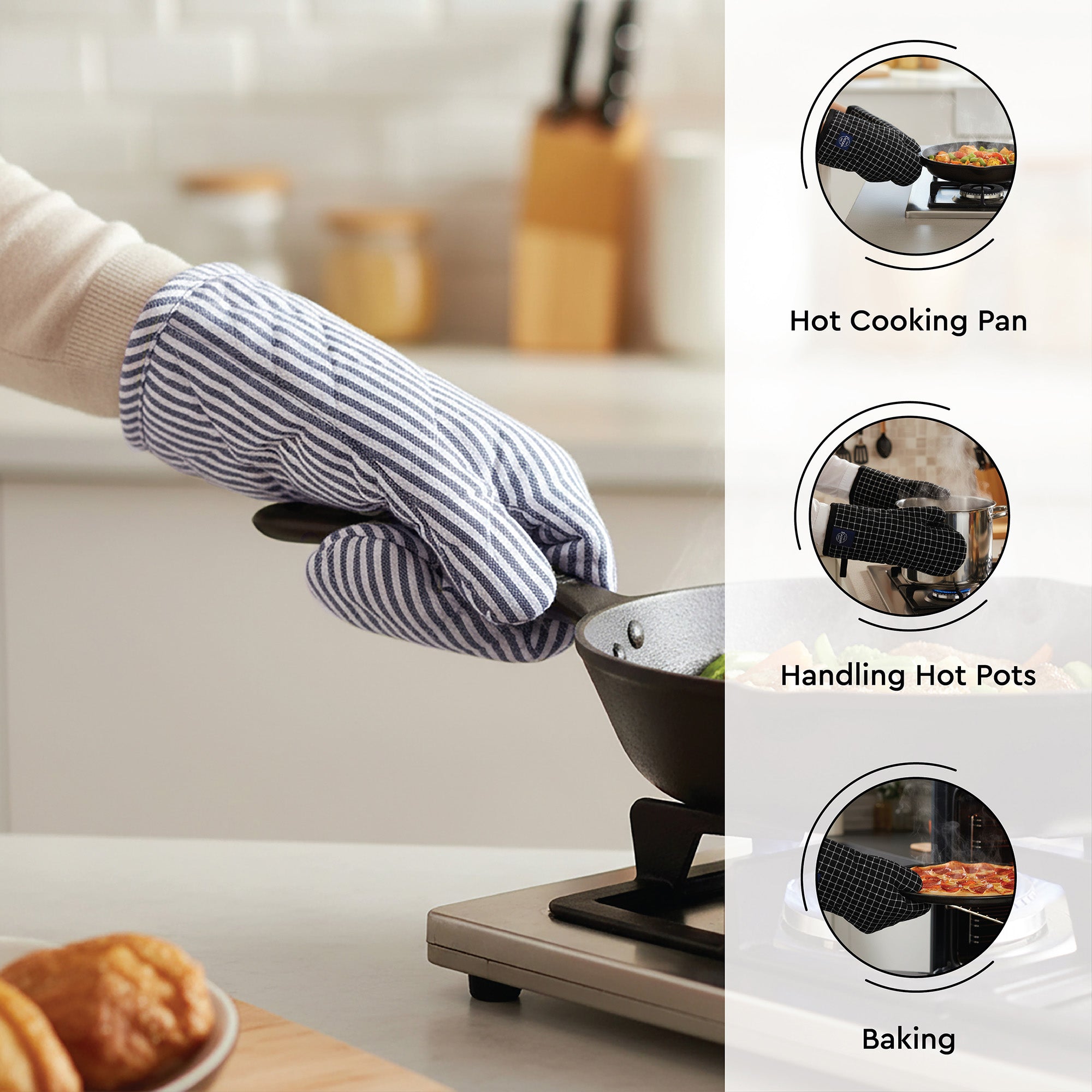 Cotton Ticking Navy Blue Apron + Oven Glove + Pot Holder (Pack of 3)