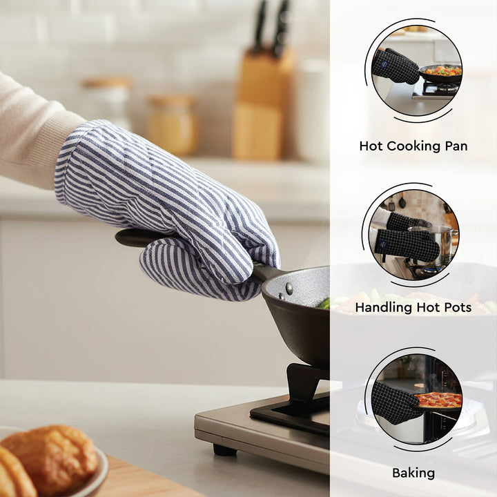 Cotton Ticking Navy Blue Apron + Oven Glove + Pot Holder (Pack of 3)