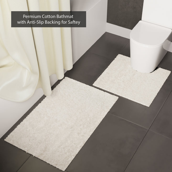 Polyester ZZ Cream Combo Shower Curtain + Bathmat (Pack of 3)