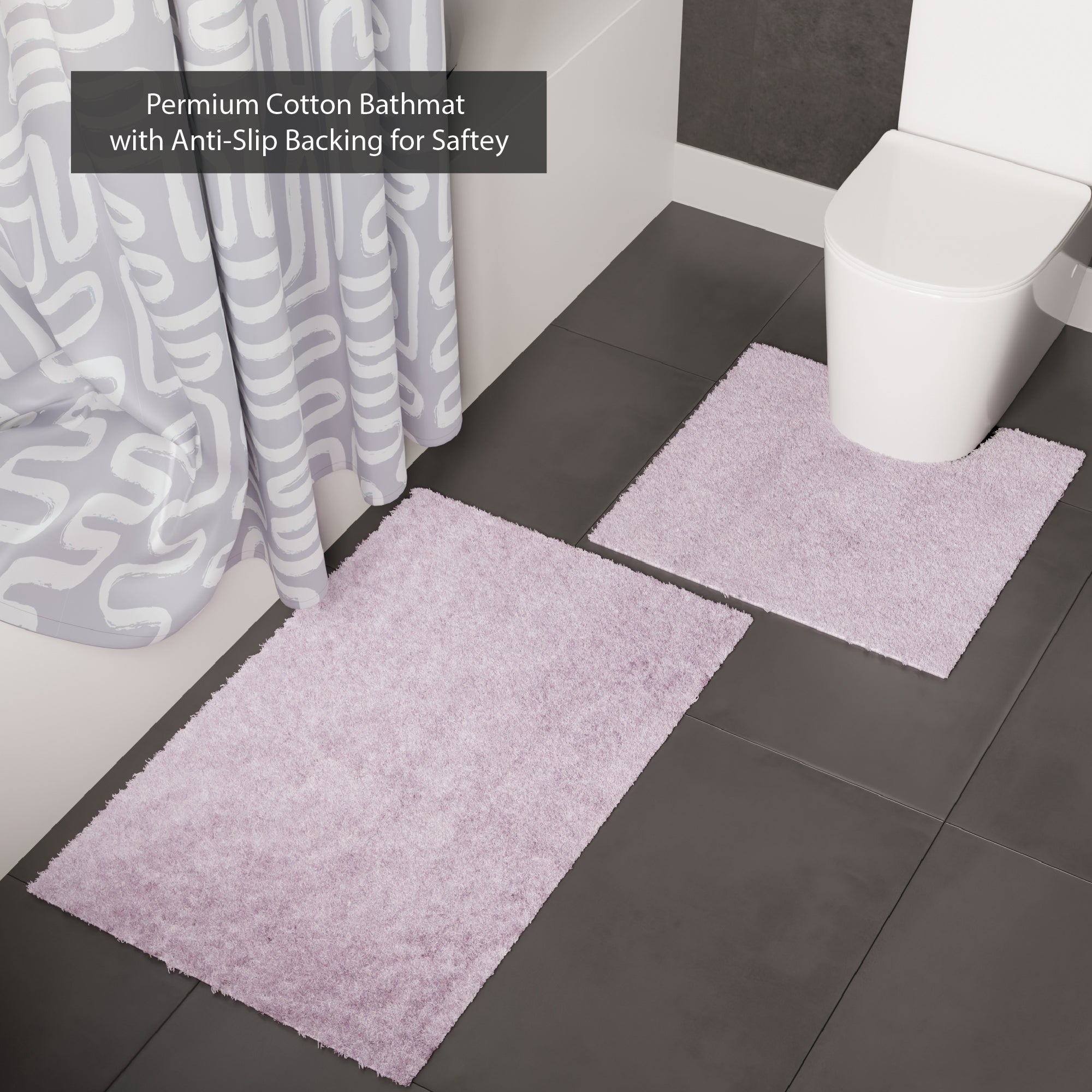 Polyester Maze Grey Combo Shower Curtain + Bathmat (Pack of 3)