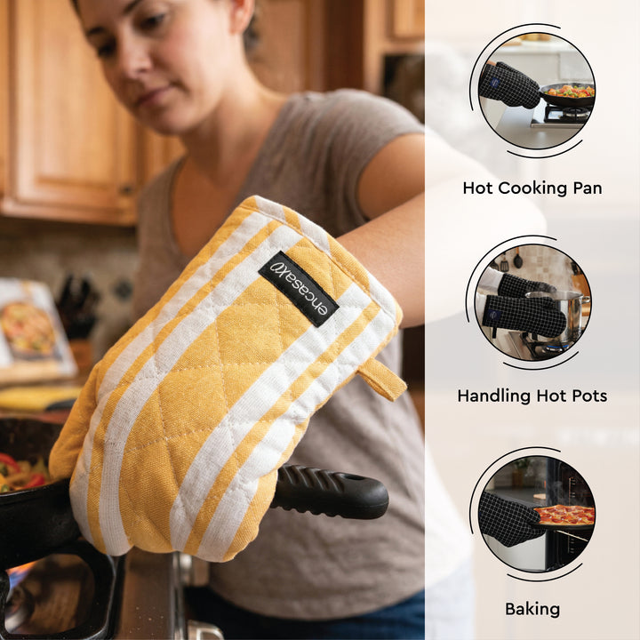 Cotton Franca Yellow Stripes Apron + Oven Glove + Pot Holder (Pack of 3)