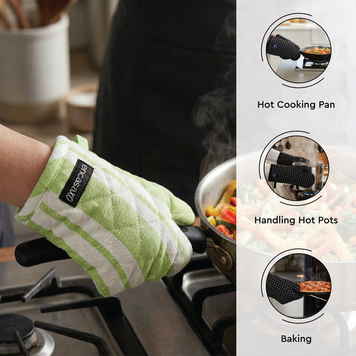 Cotton Franca Lime Stripes Apron + Oven Glove + Pot Holder (Pack of 3)