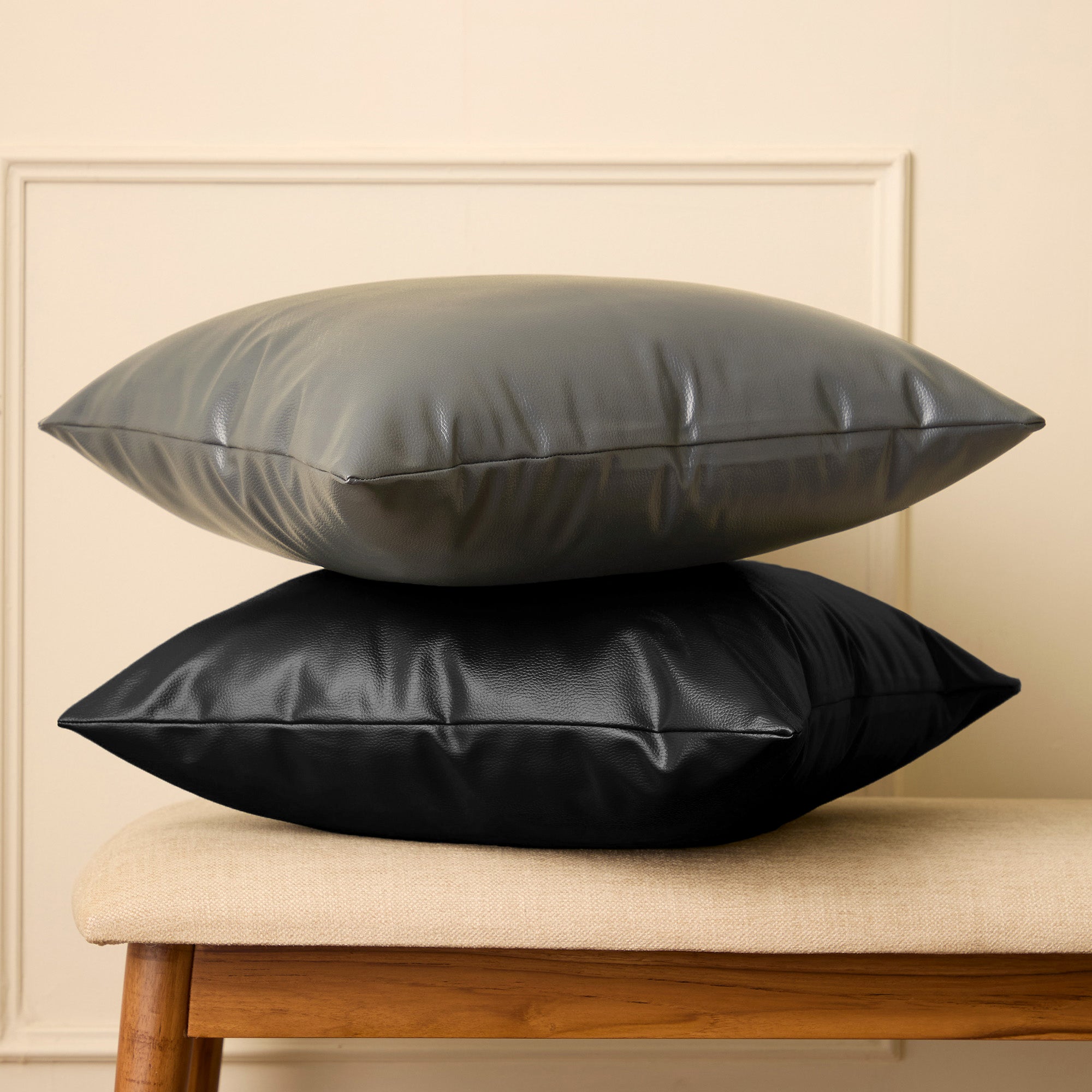 PVC Leather Black Cushion Cover (Pack of 2)
