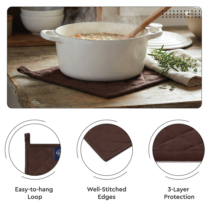 Cotton Dark Taupe & Beige Apron + Oven Glove + Pot Holder (Pack of 3)