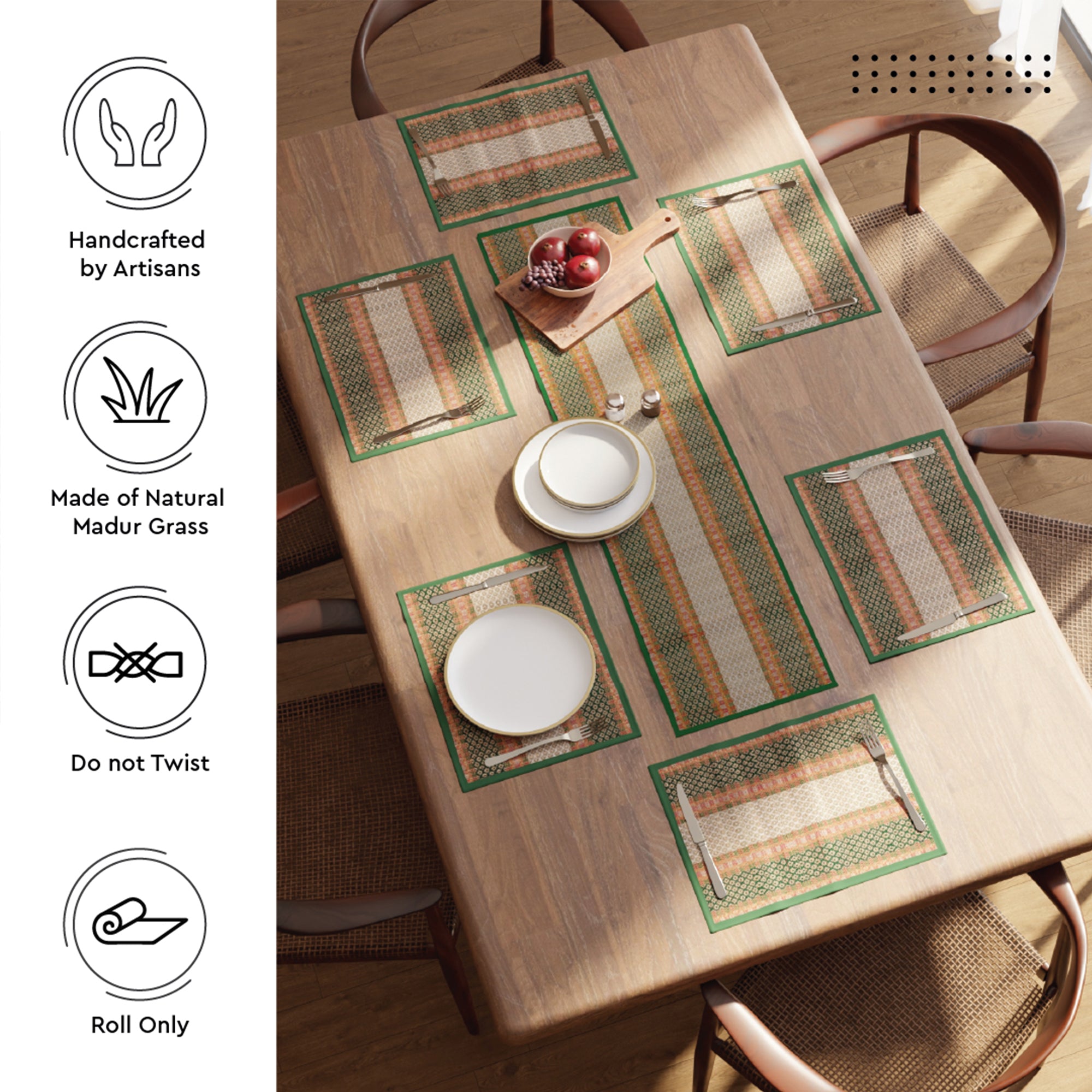 Madur Kathi Green Table Runner+Placemat (Pack of 7)