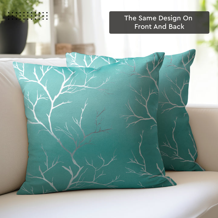 Blackout Polyester Twigs Teal Cushion Cover (Pack of 2)