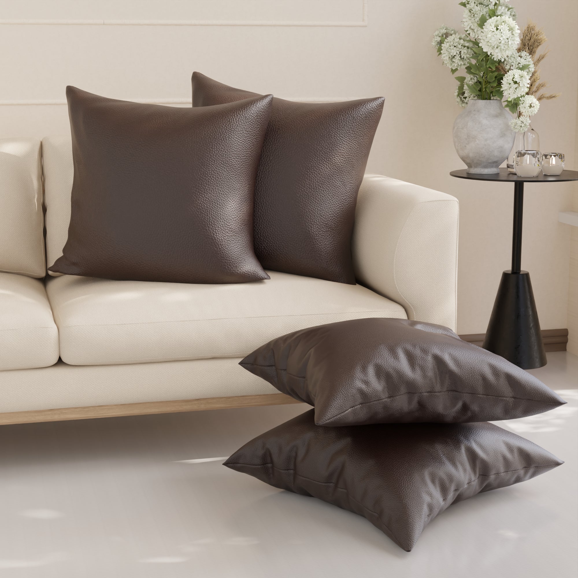 PVC Leather Dark Brown Cushion Cover (Pack of 4)