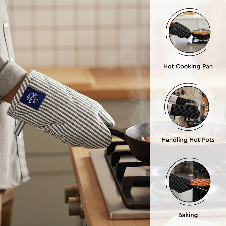 Cotton Ticking Black Apron + Oven Glove + Pot Holder (Pack of 3)