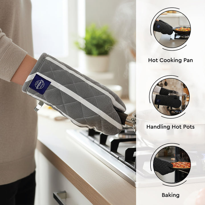 Cotton Roma Grey Stripes Apron + Oven Glove + Pot Holder (Pack of 3)