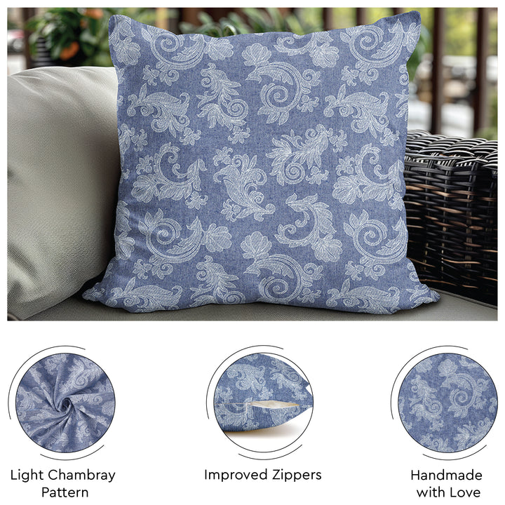 Chambray Cotton Floral Blue Cushion Cover (Pack of 2)
