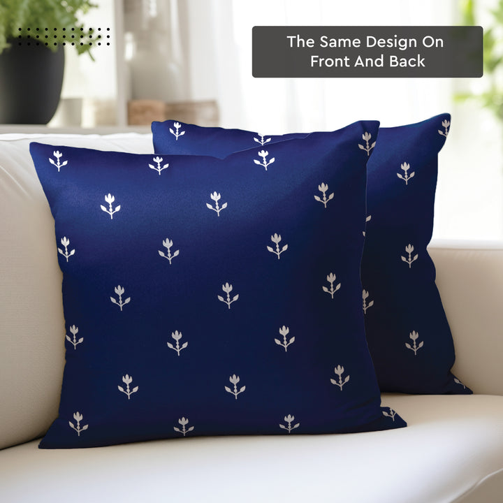 Polyester Blackout Buti Navy Blue Cushion Cover (Pack of 2)