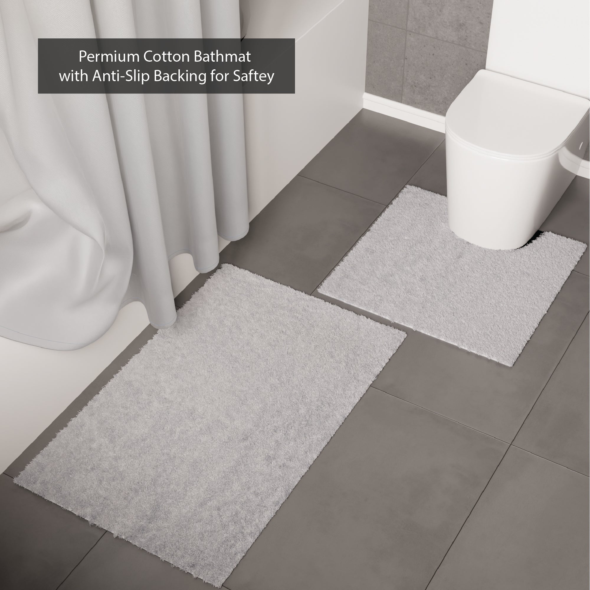 Polyester Grey Shower Curtain + Bathmat (Pack of 3)