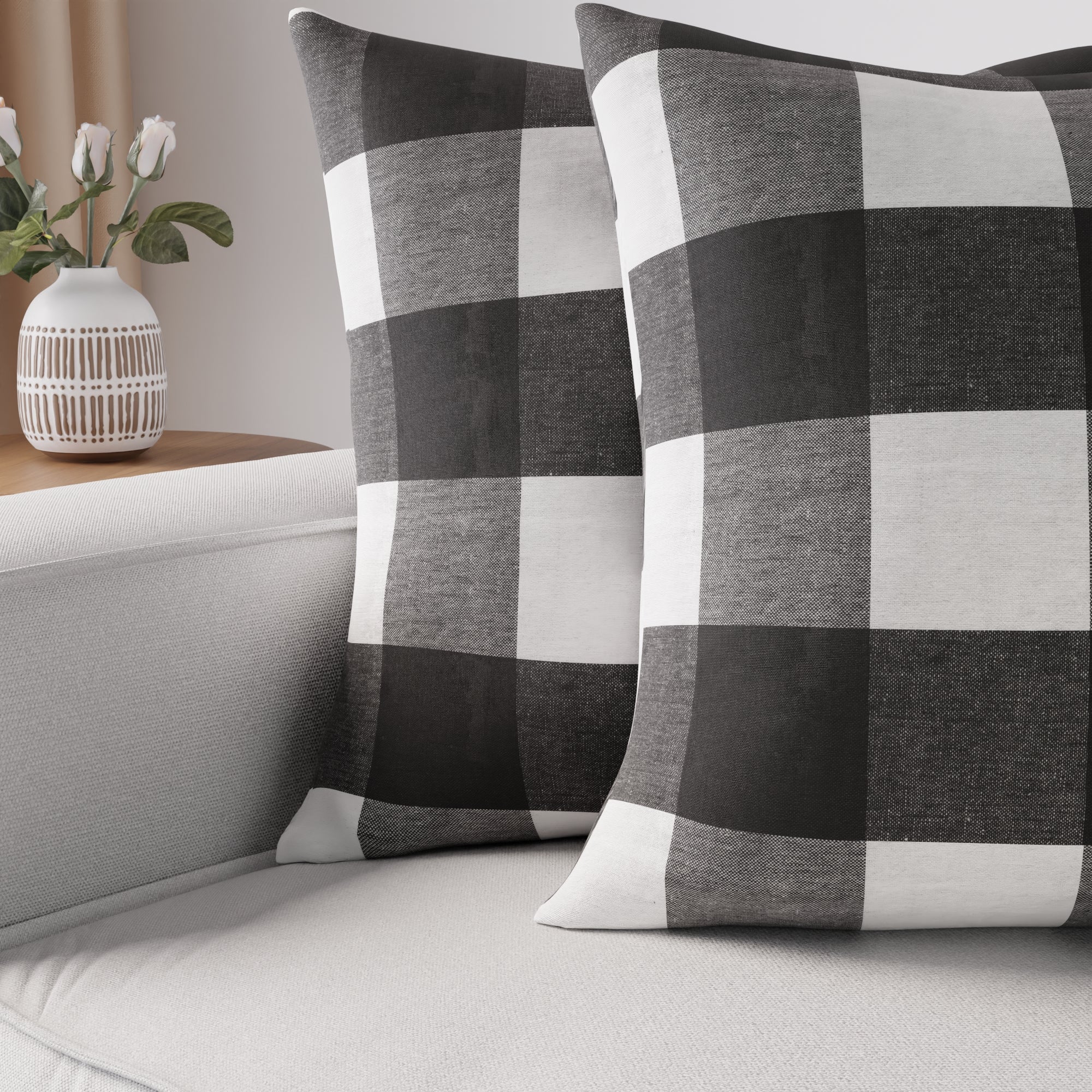 Cotton Buffalo Black Checks Cushion Cover (Pack of 2)