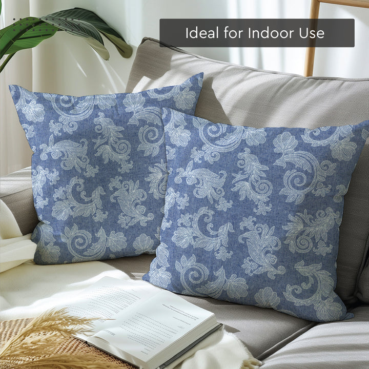 Chambray Cotton Floral Blue Cushion Cover (Pack of 2)