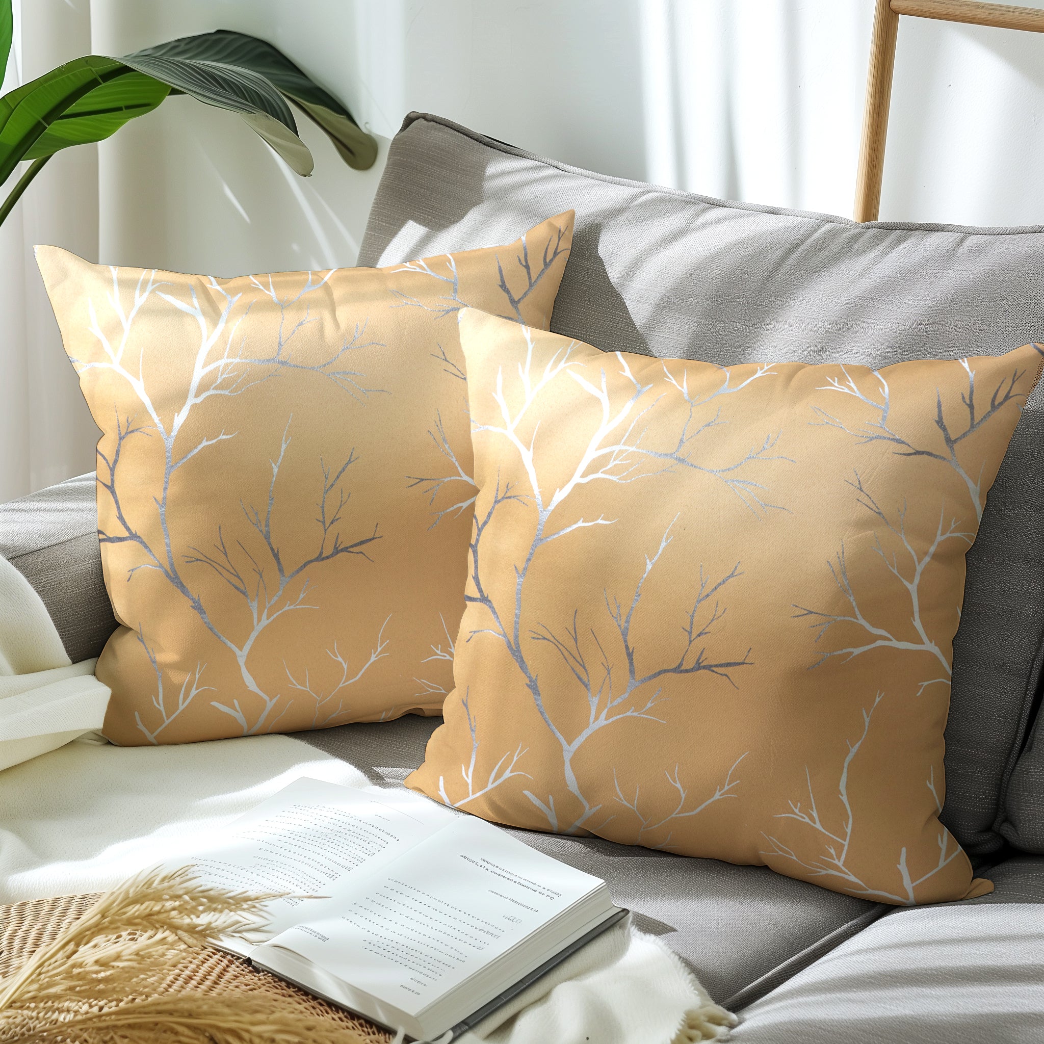 Blackout Polyester Twigs Beige Cushion Cover (Pack of 2)