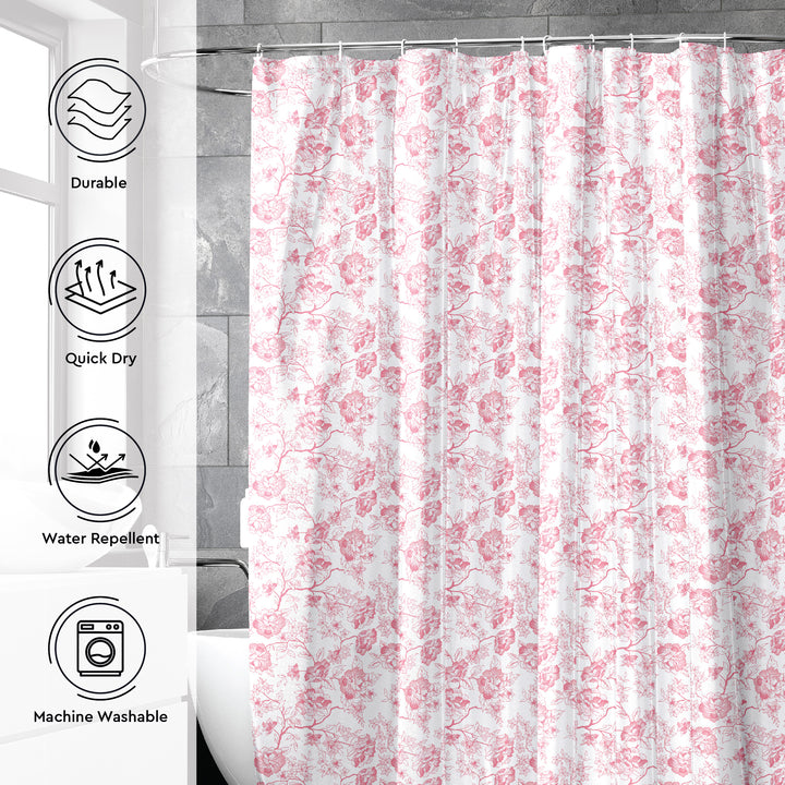 Polyester Pink Carnations Combo Shower Curtain + Bathmat (Pack of 3)